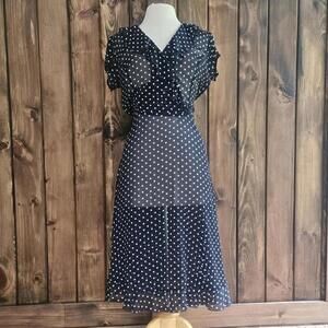 Dress Barn Sheer Polka dot Dress with Ruffle Neckline, Medium